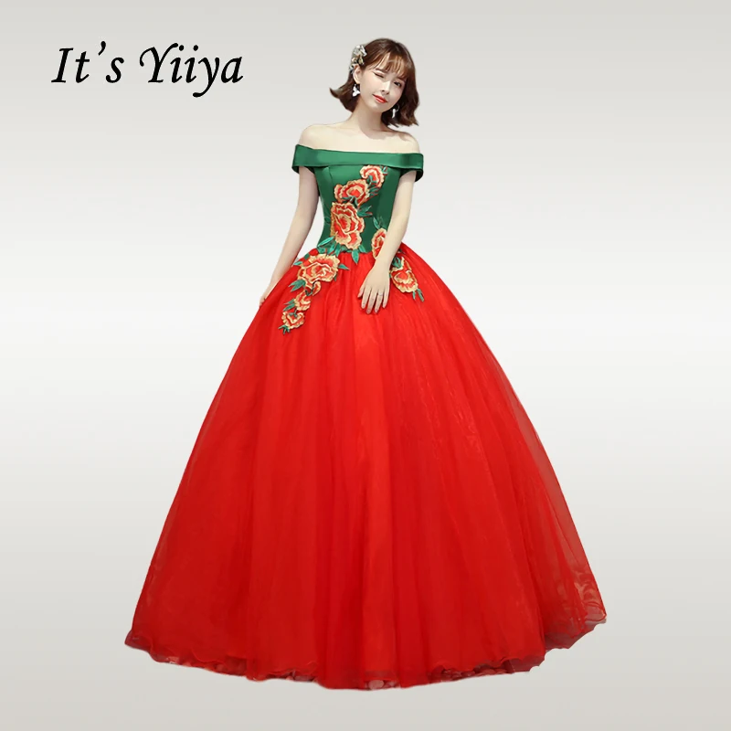 

It's YiiYa Wedding Dress 2019 Boat Neck Plus Size Wedding Dresses Off Shoulder Floor Length Lace Up Vestido de novia CH022