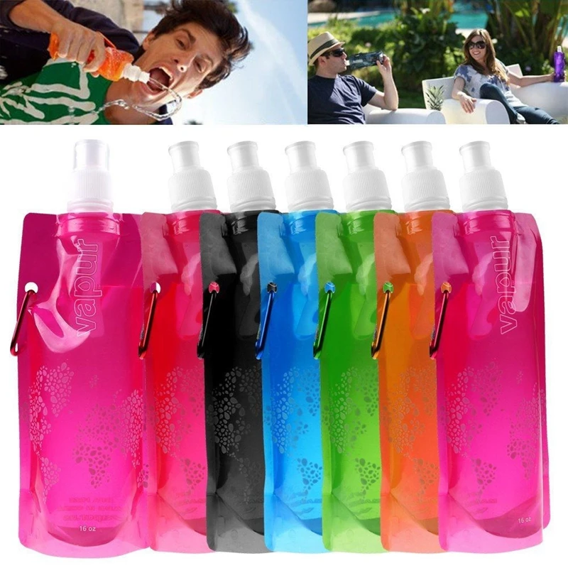 

Summer Hot Water Bottle Eco-Friendly Portable Foldable Reuseable 480ml with Carabiner for outdoor sports travel Hiking