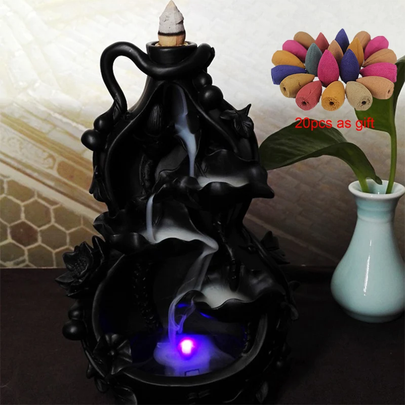 

Backflow Incense Burner Waterfall With LED And 20Pcs Cones Ceramic Home Office Decor Incense Holder Ornament Dropshipping