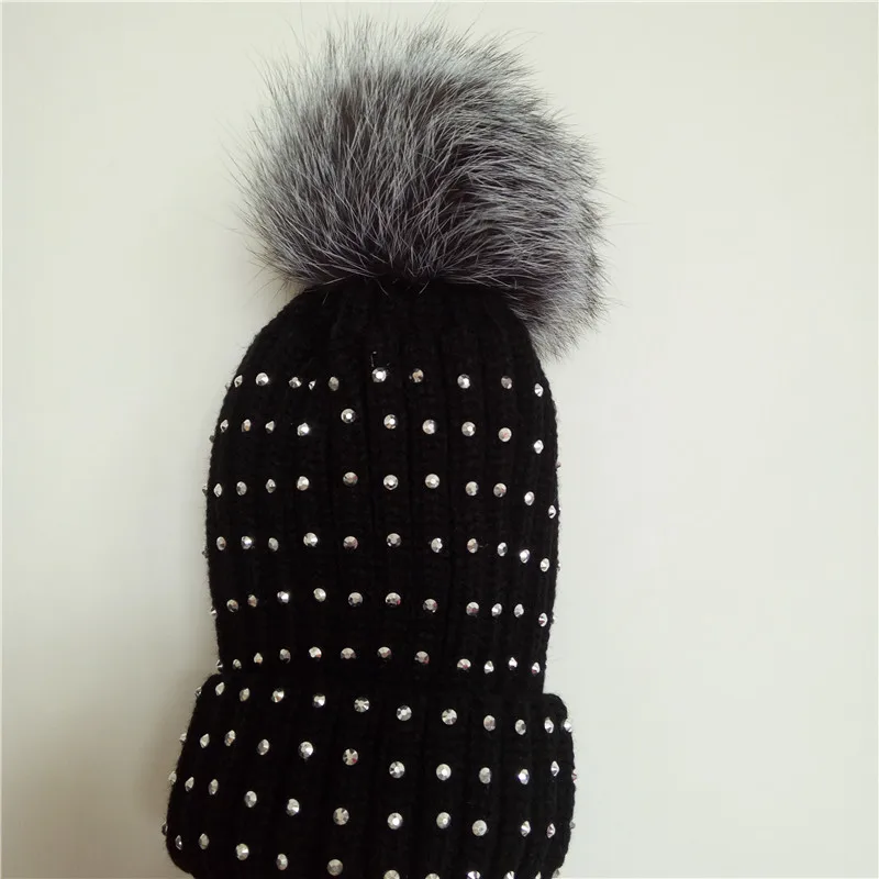 New Women Winter Hats Knitted Beanies Caps Real Fox Fur Big Ball Pom