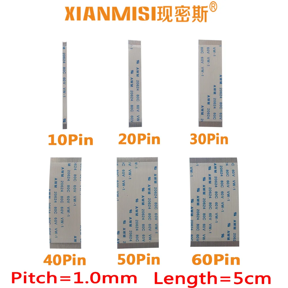 

FFC/FPC Flat Flex Ribbon Cable 10Pin 20Pin 30Pin 40Pin 50Pin 60Pin Same Side 1.0mm Pitch AWM VW-1 20798 60V Length 5cm 5PCS