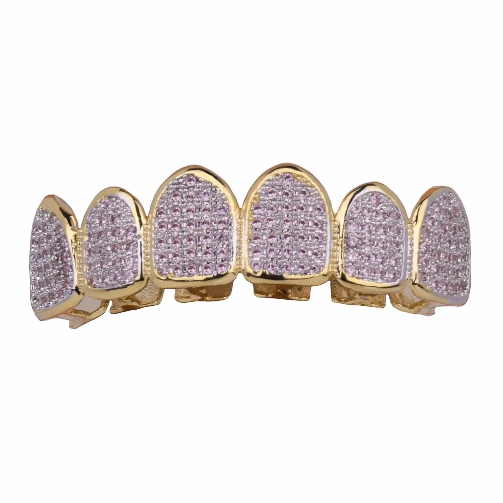 В стиле «хип-хоп», декоративные Зубные коронки льдом AAA розовый циркон Клык зубастого рта шапки верхней и нижней части зуба набор Для мужчин Для женщин решетки ювелирных изделий