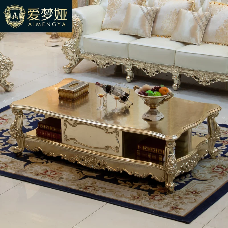 European style coffee table wood carving ivory silver paste living room