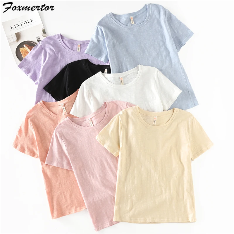 

2019 Female t-shirts 7 Color Harajuku Summer Short Sleeve T Shirt Women Cotton Elastic Fashion O-Neck T-shirt Tee Tops Casual