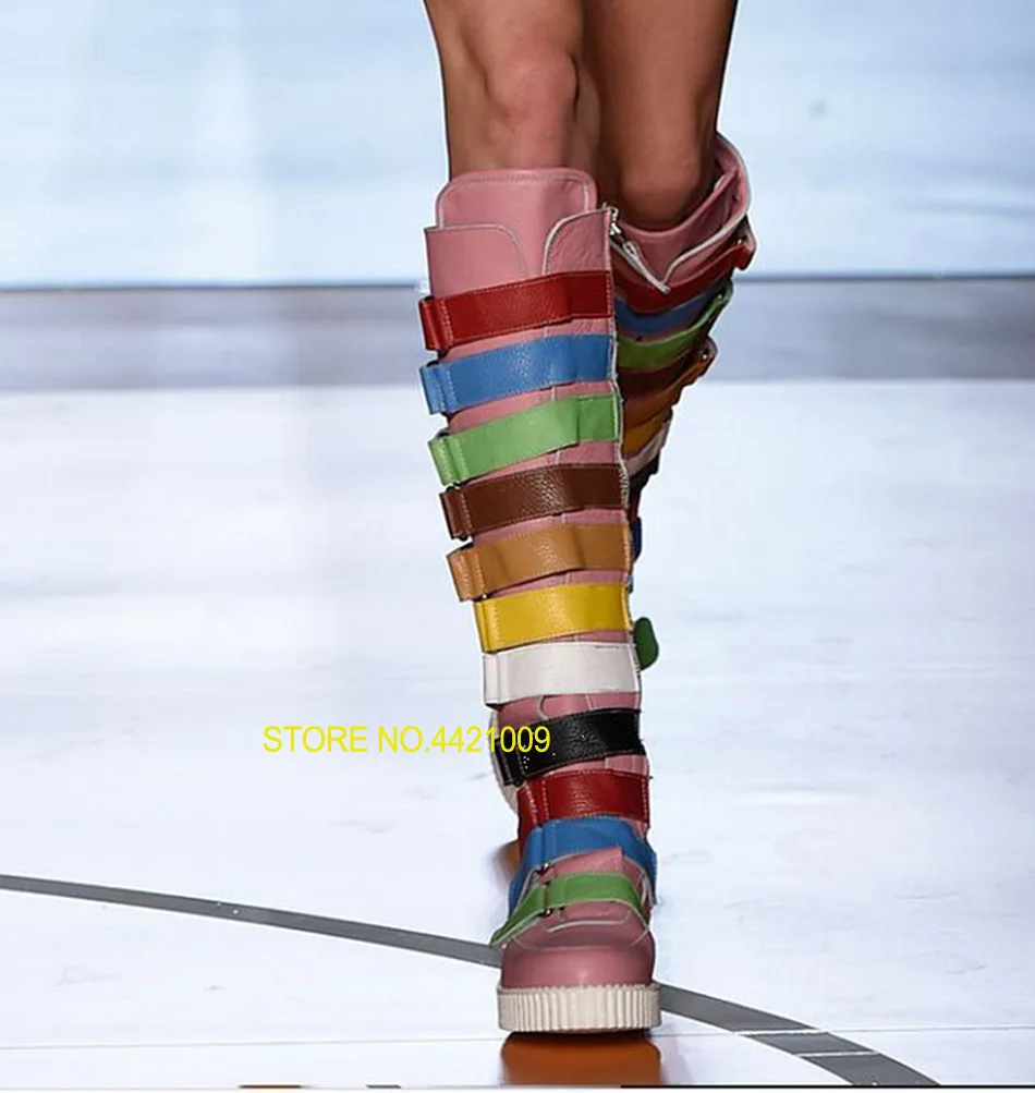 

Autumn Runway Cat Show Booties Ladies Rome Gladiator Knee HIgh Zip Women Boots Round Toe Mixed Color Women Flats Shoes Women