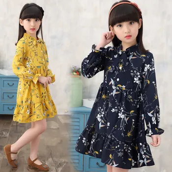 

teenager girls loose chiffon dress long sleeve spring winter floral printing cotton dress for 4- 14 years big girl clothes 2019