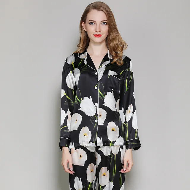 Greenish lily flower fashion 100 silk pajama sets womens sleepwear