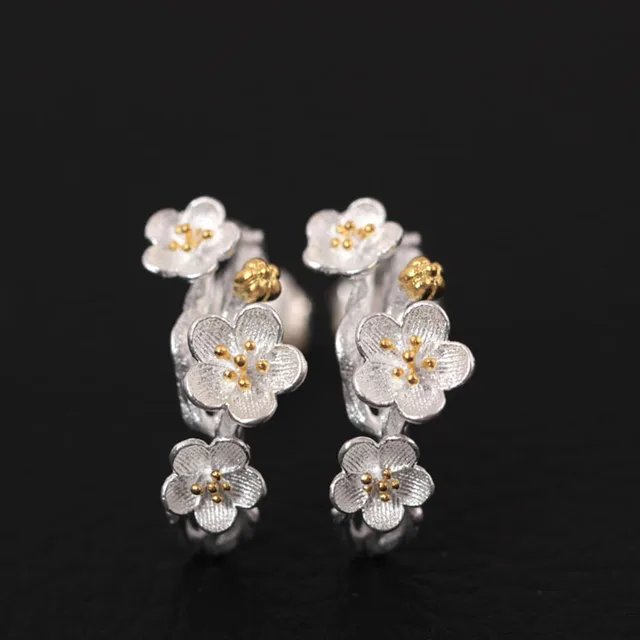 Flyleaf 925 Sterling Silver Plum Flower Stud Earrings For Women Flyleaf 925 Sterling Silver Plum Flower Stud Earrings For Women Elegant Lady Prevent Allergy