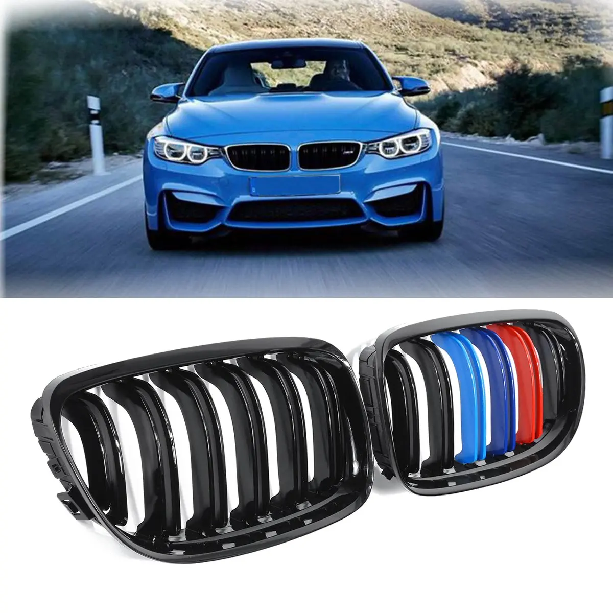 

Pair New ABS Gloss Black M-Color 2 Line Double Slat Front Kidney Grill Grille For BMW E90 2008 2009 2010 2011