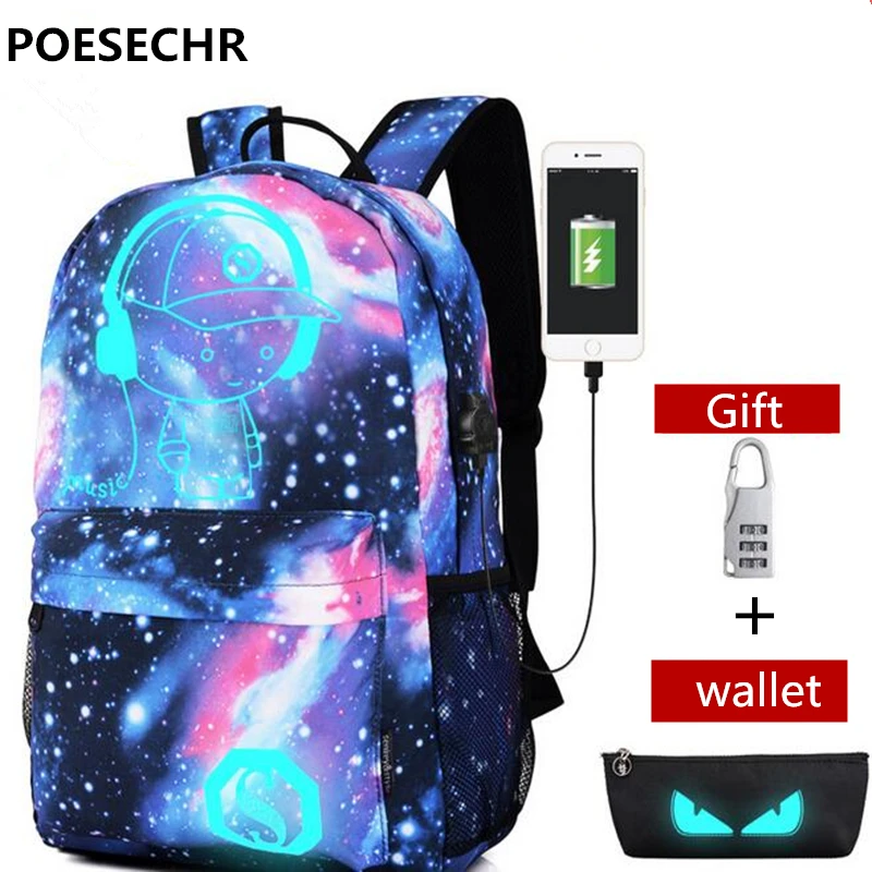 

POESECHR Luminous USB Charge Backpack Male Mochila Escolar Laptop Backpack men women School Bags Backpack for teens