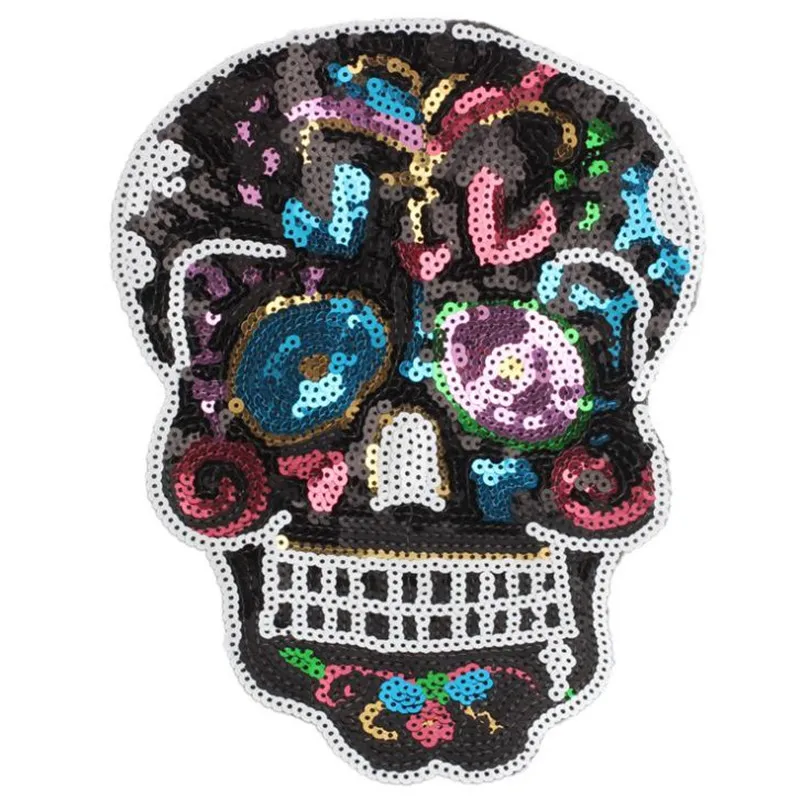 Biker Patches for clothing T shirt 265mm Skull Flower Sequined Sequins T-shirt Womens Fashion Tops Shirt Womens Patch Clothes