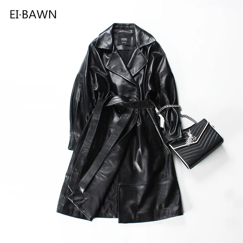 2018 Women Sheepskin Coats Long Black High Waist Belt Office Ladies Plus Szie Autumn Winter Genuine Leather Trench Coats Women