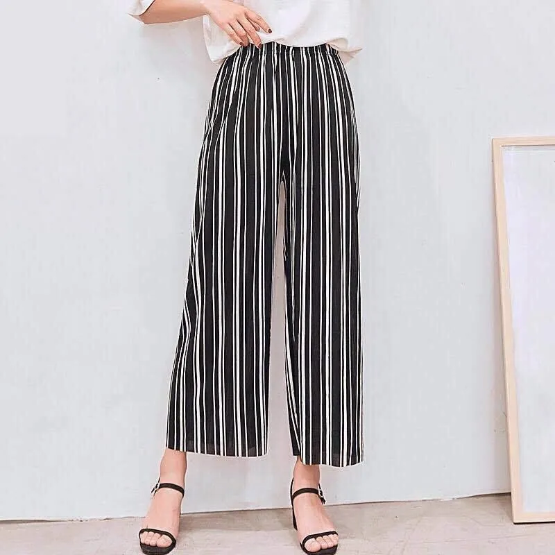 Women New Summer Wide Leg Pants Casual Loose High Elastic Waist Harem Pants Loose Chiffon Striped Elastic Office Trousers