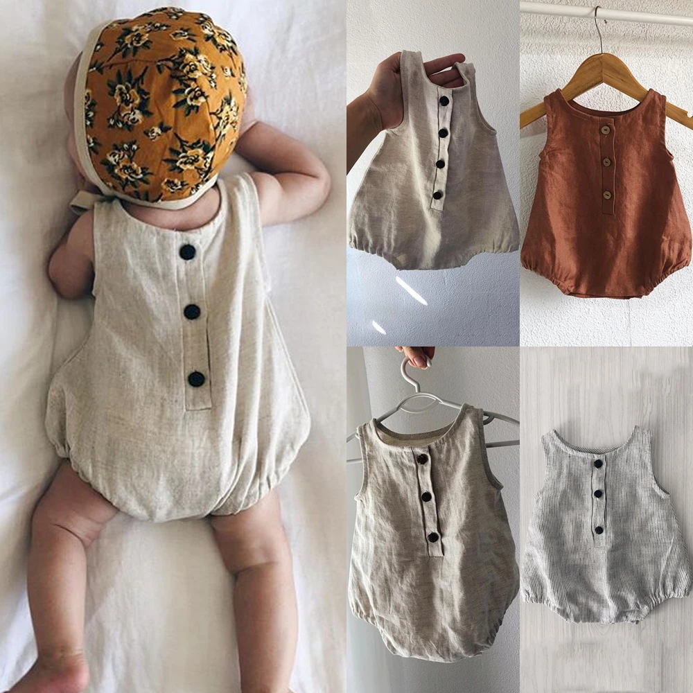 

Solid Sleeveless Buttons Decor Cotton Baby Bodysuit