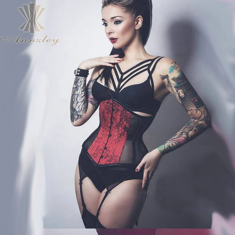 Annzley Corset Black Mesh And Red Satin Steel Boned Underbust Corset For Waist Training (2)