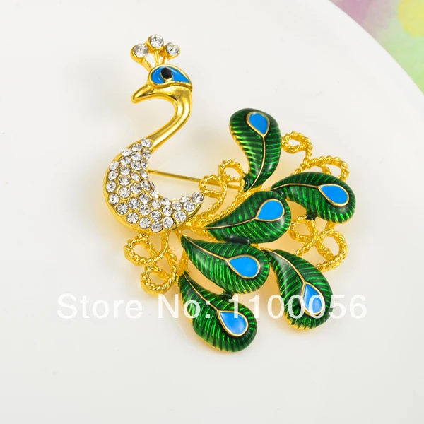 

12pcs Green Rhinestone Peacock Brooch Women Pin for dress Gold Alloy Animal Brooch Peacock Brooch Pin Wedding X1231