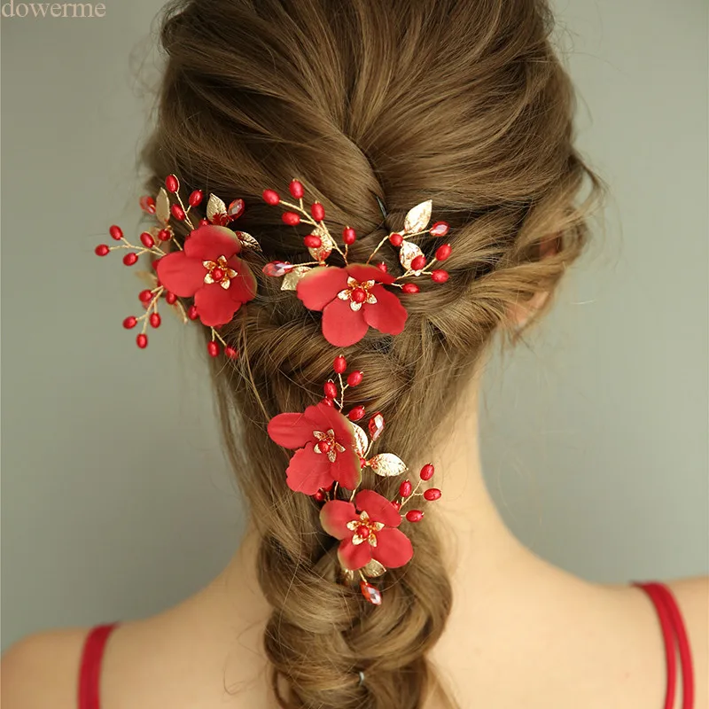 Dower me Red Floral Women Prom Hair Accessories Pearls Bridal Hair Pins