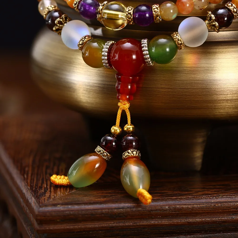 Preise Natürliche Bunte Kristall Quarz Perlen Buddhistischen Armband Halskette 108 stücke Gebetskette Mala Armband Halskette für Frauen Mädchen