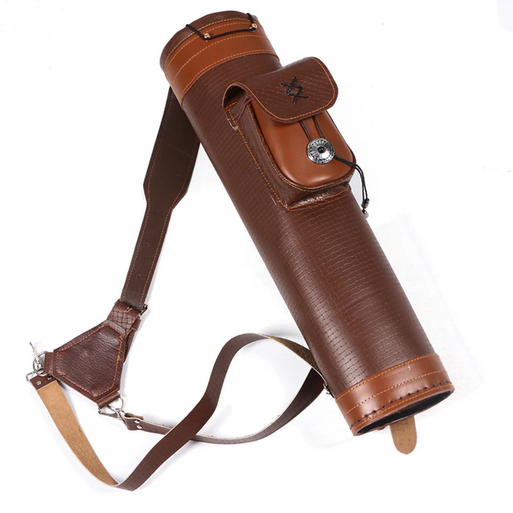 Fashionable Archery Hunting Back Quiver Leather Arrow Holder Bow Shoulder Bag W/ Buckle Pocket Arrow Bag Outdoor Shooting