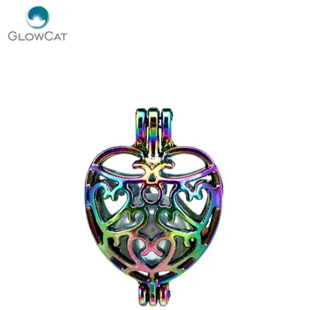

C9 5pcs/lot Rainbow Color Love Heart Wing Cage Pendant Pearl Locket Fairytale Party Essential Oil Diffuser