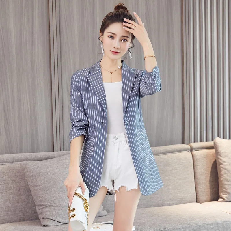 

Small suit jacket female long section 2019 summer new slim seven-point sleeve thin striped temperament suit jacket