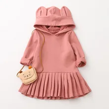 Весенне-осенние Хлопковые Платья с милыми заячьими ушками для маленьких девочек платье принцессы с длинными рукавами и капюшоном Детская праздничная одежда для детей 2, 3, 4, 5, 6, 7 лет