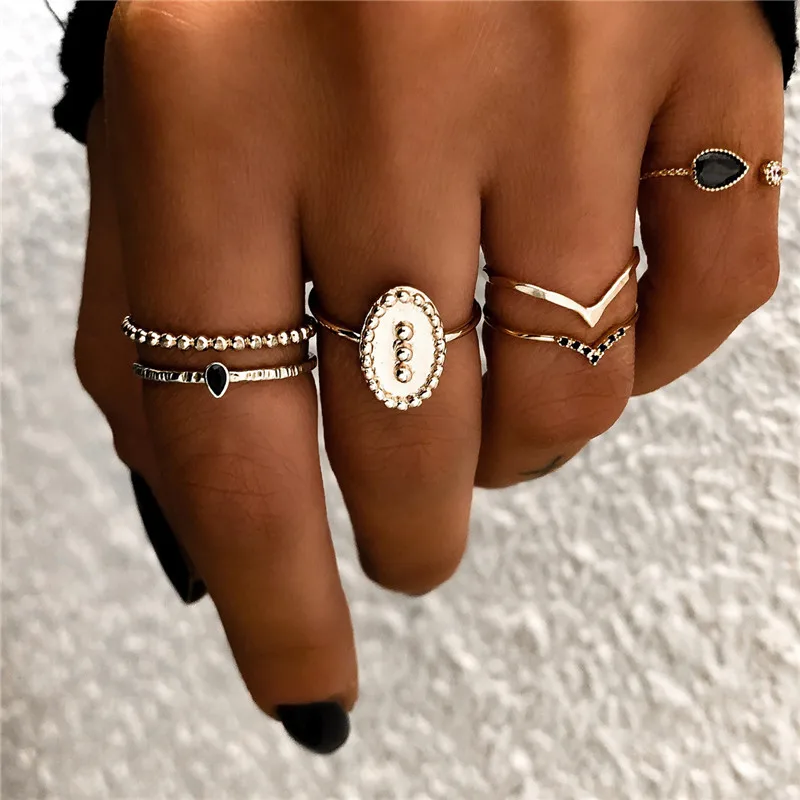 Mostyle Boho, Винтажное кольцо с черным камнем на кастет, набор для женщин, Anillos, кристалл, миди, богемная Праздничная бижутерия с кольцами, подарок