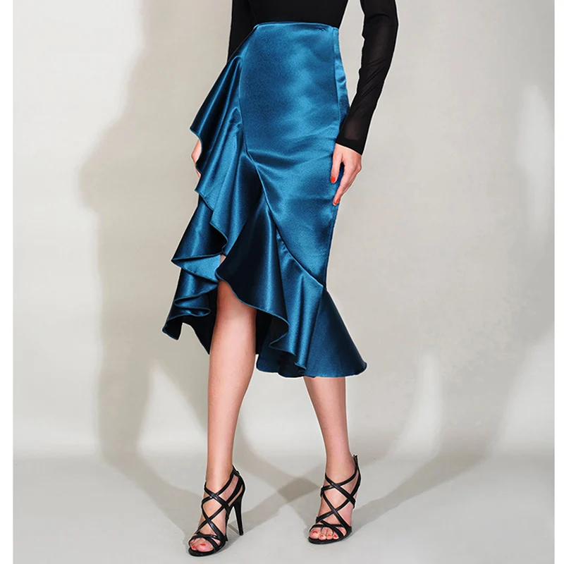 

party clothes blue / black midi skirts for women cascading ruffle high low long mermaid skirt high waist bodycon skirts workwear