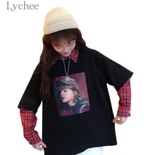 Личи Харадзюку поддельные две части клетчатая Лоскутная Женская футболка персонаж Длинный рукав женская футболка весна осень футболка Топ