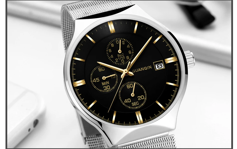 2018 GUANQIN Brand Luxury Men's Fashion Chronograph Calendar Watches Men Business Casual Mesh Band Waterproof Quartz Wrist Watch