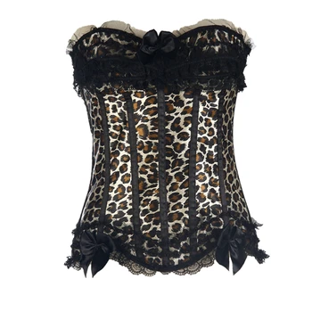 

Leopard Print Corset Plus Size Mesh Ruffles Bows Zip Side Korse Costume S-6XL