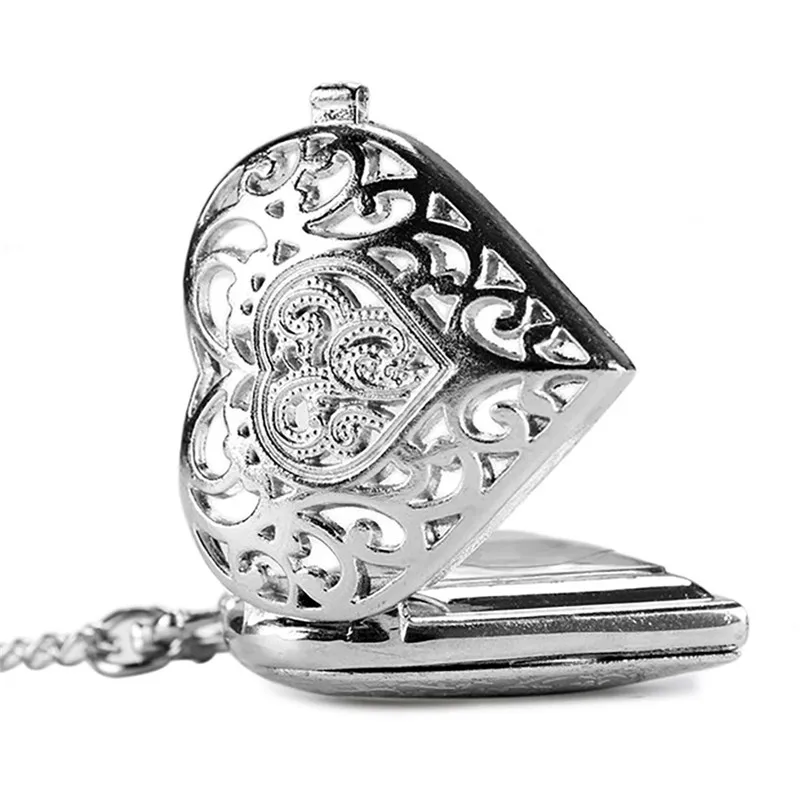 Модные серебряные часы в форме сердца, кварцевые карманные часы, аналоговые в виде кулона с цепочкой,, подарок для карманных часов