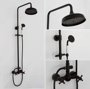 

Bathroom Black Oil Paint Solid Brass Bathtub Shower Set Wall Mounted 8" Rainfall Shower Mixer Tap Faucet 3-functions Mixer Valve