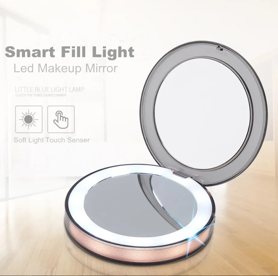 

LED Lighted Mini Makeup Mirror 3X Magnifying Compact Travel Portable Sensing Lighting Makeup Mirror