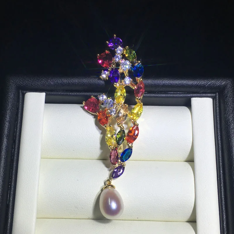 

ZHBORUINI 2018 High Quality Natural Freshwater Pearl Brooch Chinese Style Colorize Zircon Brooch Pearl Jewelry For Women Gift