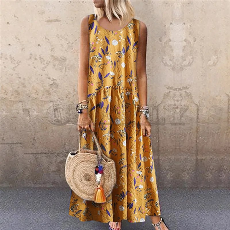 Image Summer Dress Women Plus Size Bohemian O Neck Floral Print Vintage Sleeveless Long Maxi Dress Casual Loose O Neck Dress