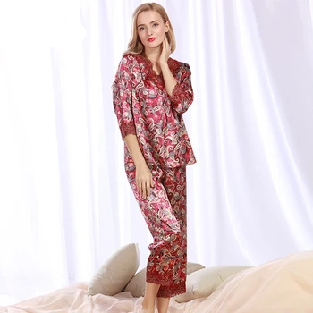 

PS077 Sexy V-neck Lace Pajamas Satin Silk Flower Printed Two Pieces Pajama Set Ladies Soft Sleepwear Female Spring Summer Pyjama
