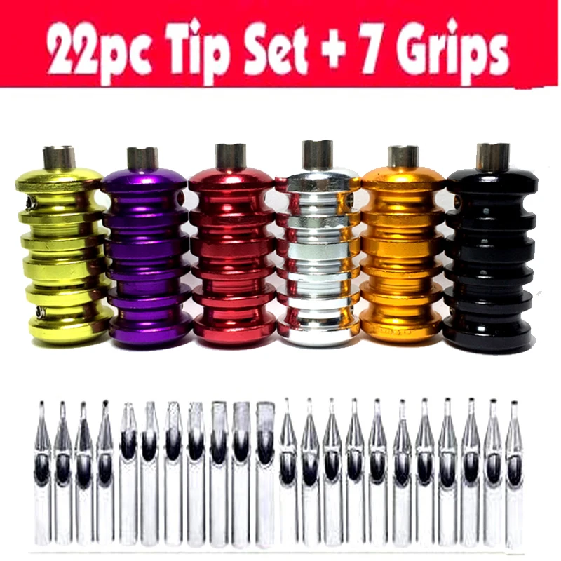 

BJT 7PCS SET Tattoo Aluminum alloy 22mm Machine 7/8" Grips Tubes Back Stem 22pcs 304 stainless steel tips kit
