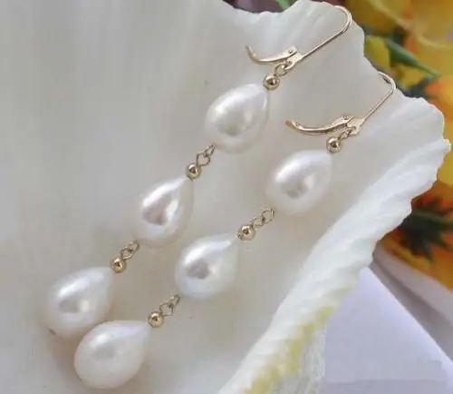 

free shipping natural 10-12mm white south sea Pearl Earrings 14k/20 GOLD