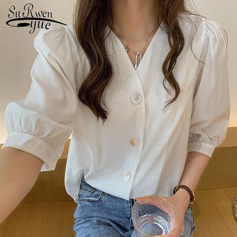 

Blusas mujer de moda 2019 chiffon blouse shirts plus size blouse for women button Three Quarter Solid V-Neck Puff Sleeve 4919 50