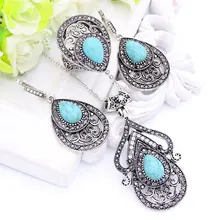 Turco vendimia Ahueca Hacia Fuera La Flor de La Turquesa Juegos de Joyería Anillo Pendientes Collar Plateado Plata Antigua Arabesco Joyería Étnica