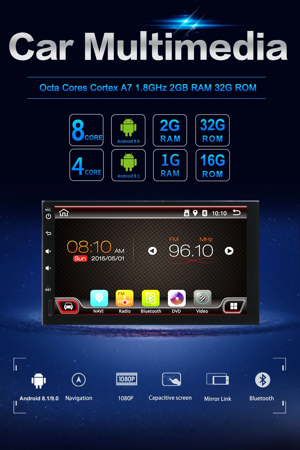 Discount android 9.0 car radio bluetooth gps navigation for universal 2 din 1024*600 cassette player vehicle with wifi,usb, sd, obd,dab 37