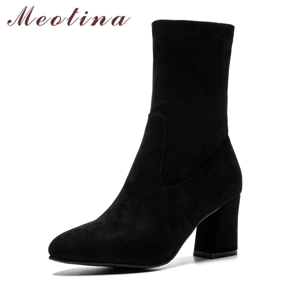 Meotina/сапоги-носки; зимние сапоги до середины икры; женские эластичные пикантные сапоги на высоком квадратном каблуке с острым носком; зимняя женская обувь; Цвет черный, 43