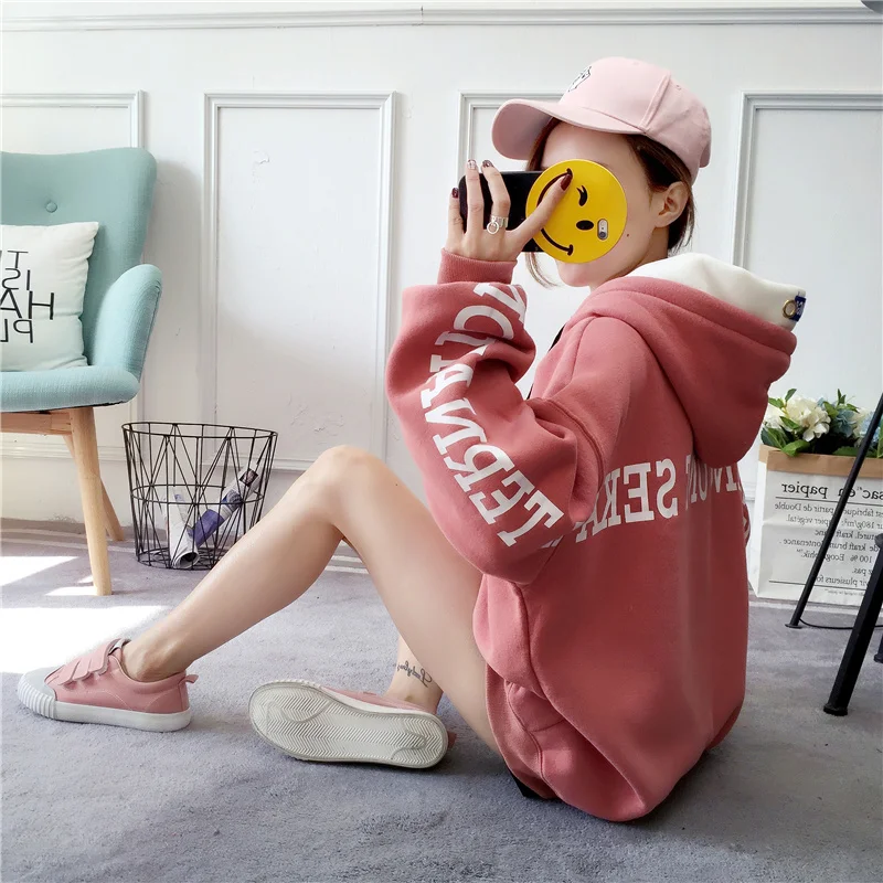 

New Autumn Winter Fashion Letter Velvet Thick Women Sweatshirts Casual Panelled Pullovers Coat Loose Drop-Shoulder Hoodies Mw442