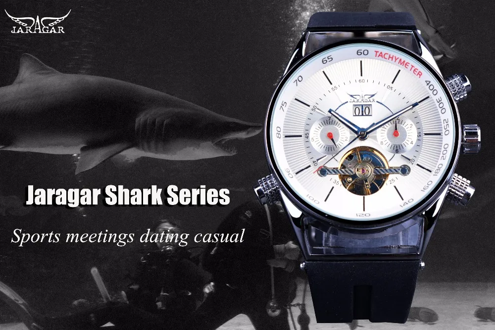 Jaragar Mens Watches Luxury Automatic Fashion Sport Watch Shark Lines Design Rubber Band Tourbillion Display Calendar