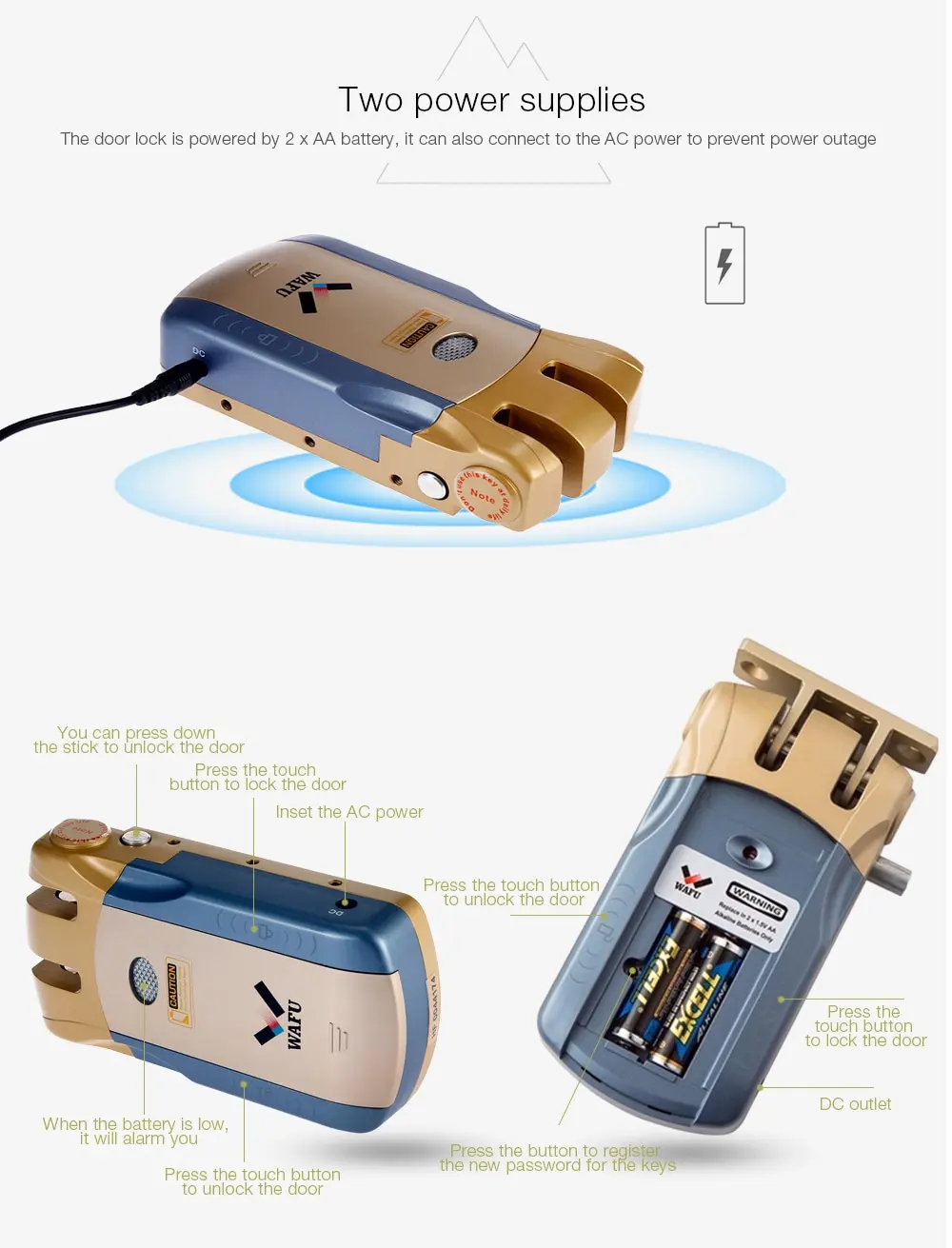 WAFU HF - 010 Smart Electric Remote Control Warded Door Lock Security Padlock for Home