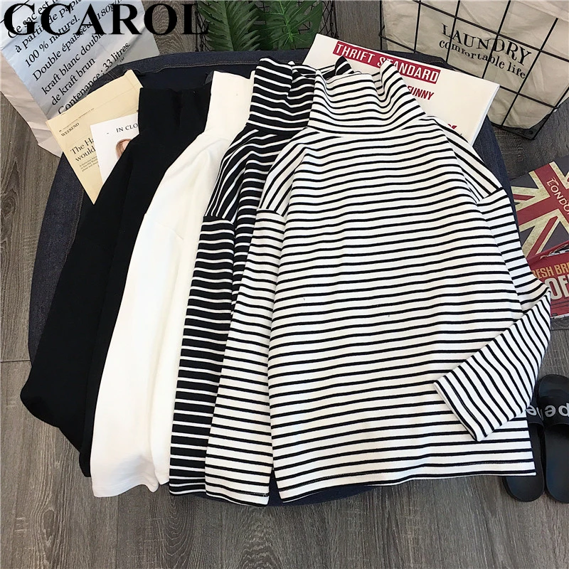  GCAROL Women T-shirt Turtleneck Striped Full Sleeve Stretch Tops Basic Drop Shoulder Undershirt Bas