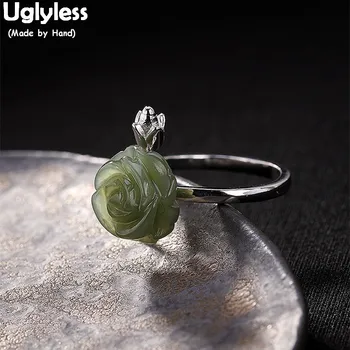 

Uglyless 100% Real Natural Green Jade Rose Finger Rings for Women Fine Jewelry Solid 925 Sterling Silver Flower Open Ring Jasper