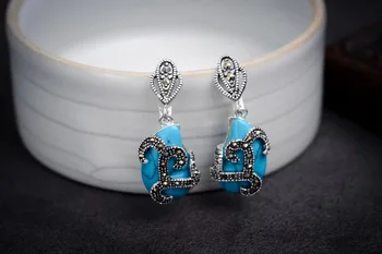 

BLUE SANDSTONE MARCASITE FLOWER PIERCING 925 STERLING EARRINGS Brincos Ohrringe Sterling Jewelry Earring