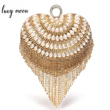 Женские клатчи в форме сердца с кольцом на палец, металлическими бриллиантами и жемчугом, элегантные женские вечерние сумки с ручкой, украшенные бисером и кисточкой, кошелек ZD1242